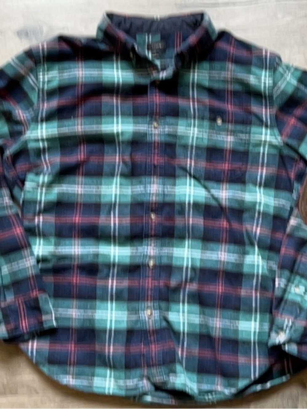 J. Crew Navy and Green Heavyweight Cotton and Wool Plaid Button-Down Shirt